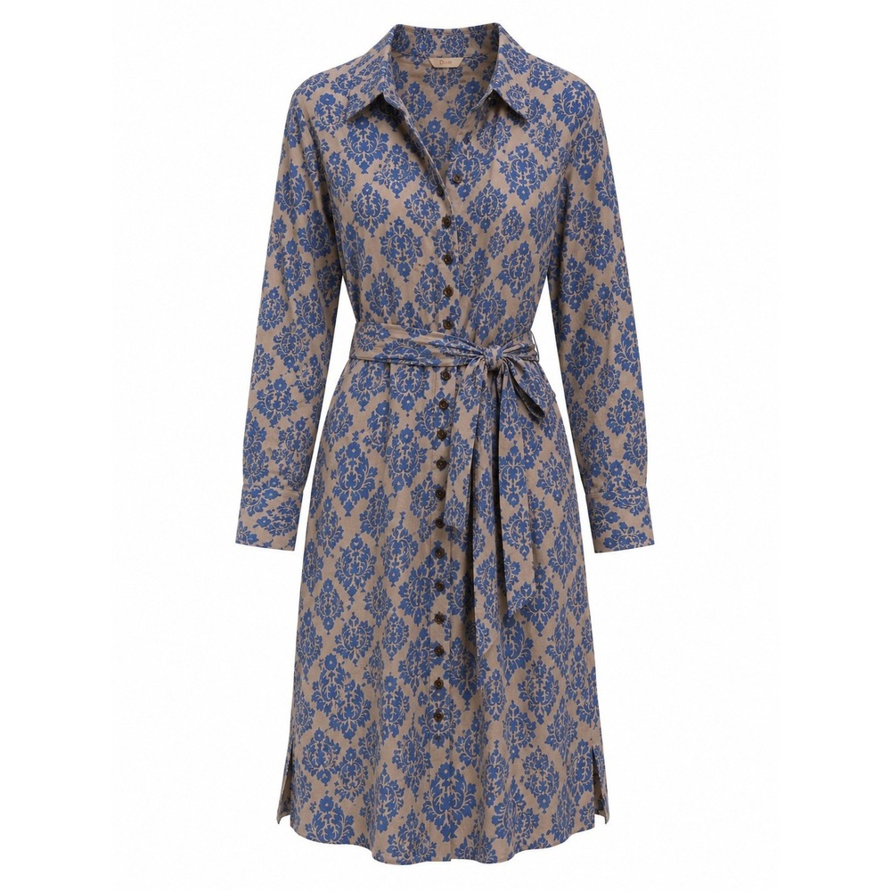 Dick & Jayne Los Angeles Cotton Silk Damask Floral Shirt Dress Blue‎ Tan XL